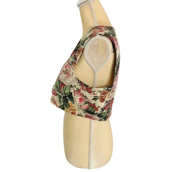 Zara Floral Crop Tank Top S V-Neck Vintage Rose Print Zip Back Summer Flower - Picture 8 of 10
